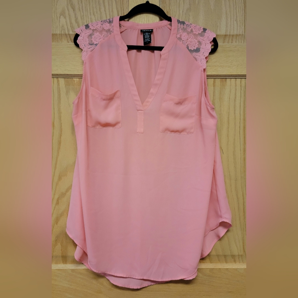Torrid Georgette Lace Inset Tank Top Pink Coral Blouse Womens Plus Size 1 - 1x